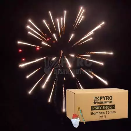 Carton de bombes 75mm couronne argent vers pistil rouge, traînée argentée 