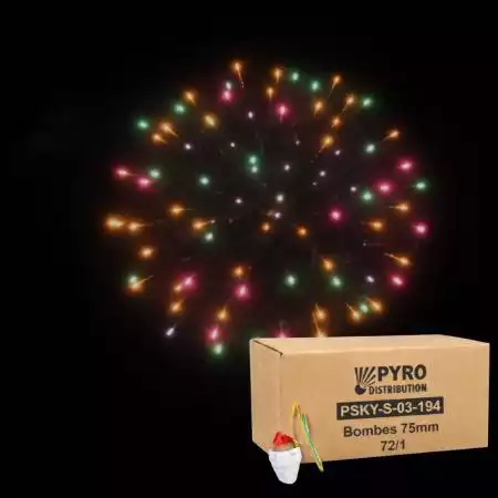Carton de bombes 75mm pivoine multicolore avec pointe crépitante 